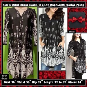 NWT S LONG TUNIC DRESS/LONG TUNIC BLACK W MEDALLION FLORAL PRIN~R & B COLLECTION